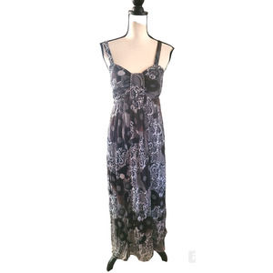 Klozlyne Black Brown White Mixed Print Chiffon Adjustable Strap Maxi Dress M